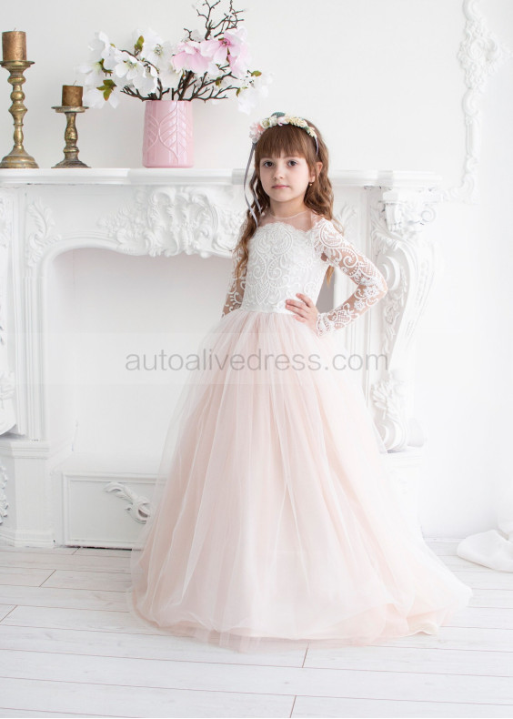 Long Sleeves Ivory Lace Pink Tulle Flower Girl Dress
